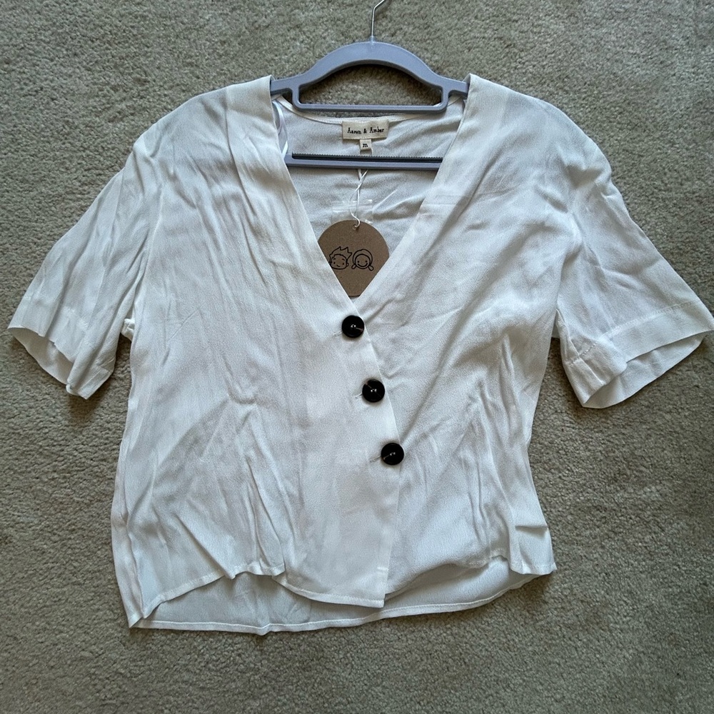 Love Tree White V-Neck Blouse with Black Buttons